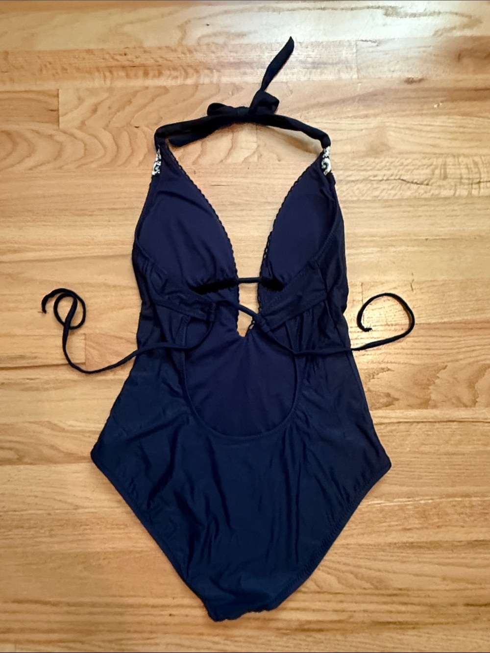 Kona Sol Dark Navy & White Embroidered Halter One-Piece Swimsuit (Size Medium) - Picture 3 of 6